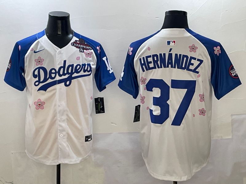 Men Los Angeles Dodgers #37 Hernandez White Blue Sakura Edition 2025 Nike MLB Jersey style 5->->